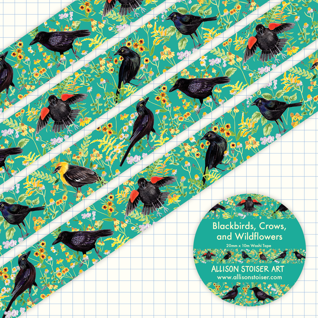 Blackbirds, Crows, and Wildflowers Washi Tape - Freshie & Zero Studio Shop