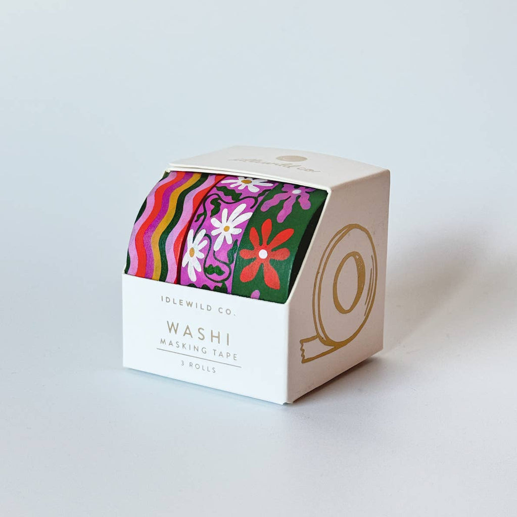 Box of washi tape with colorful floral design on a white background