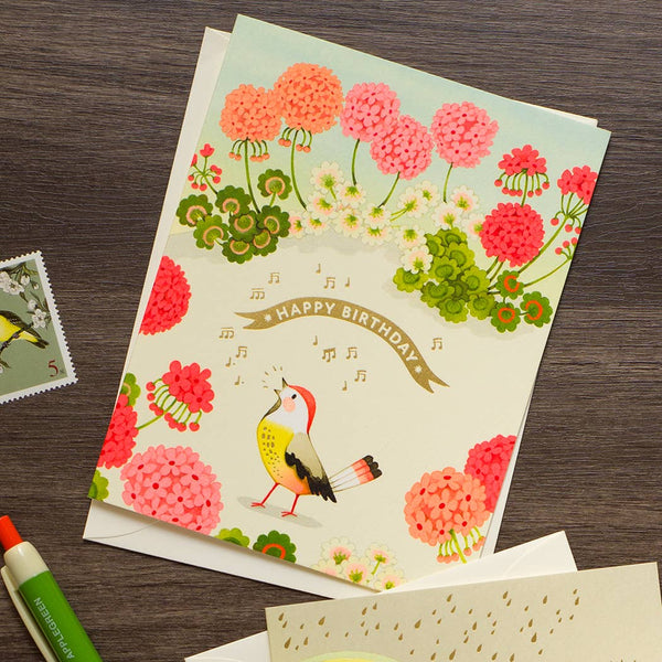 Geranium and Bird Birthday Greeting Card - Freshie & Zero Studio Shop