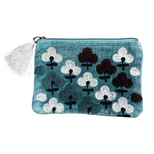 Blue Flowers Embroidered Cotton Velvet Coin Purse - Freshie & Zero Studio Shop