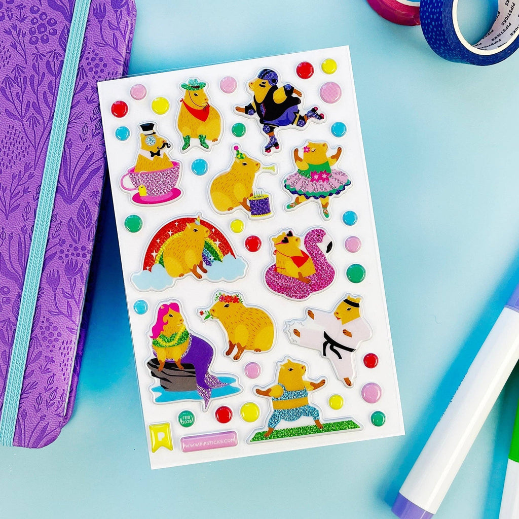 Capybara Crew Glitter Puffy Sticker Sheet by Pipstickers - Freshie & Zero Studio Shop