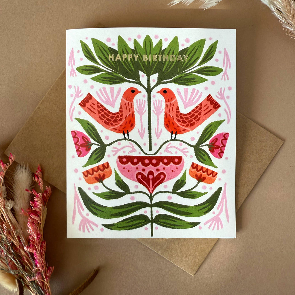 Folk Birthday Birds Birthday Illustrated Gold Foil Card - Freshie & Zero Studio Shop
