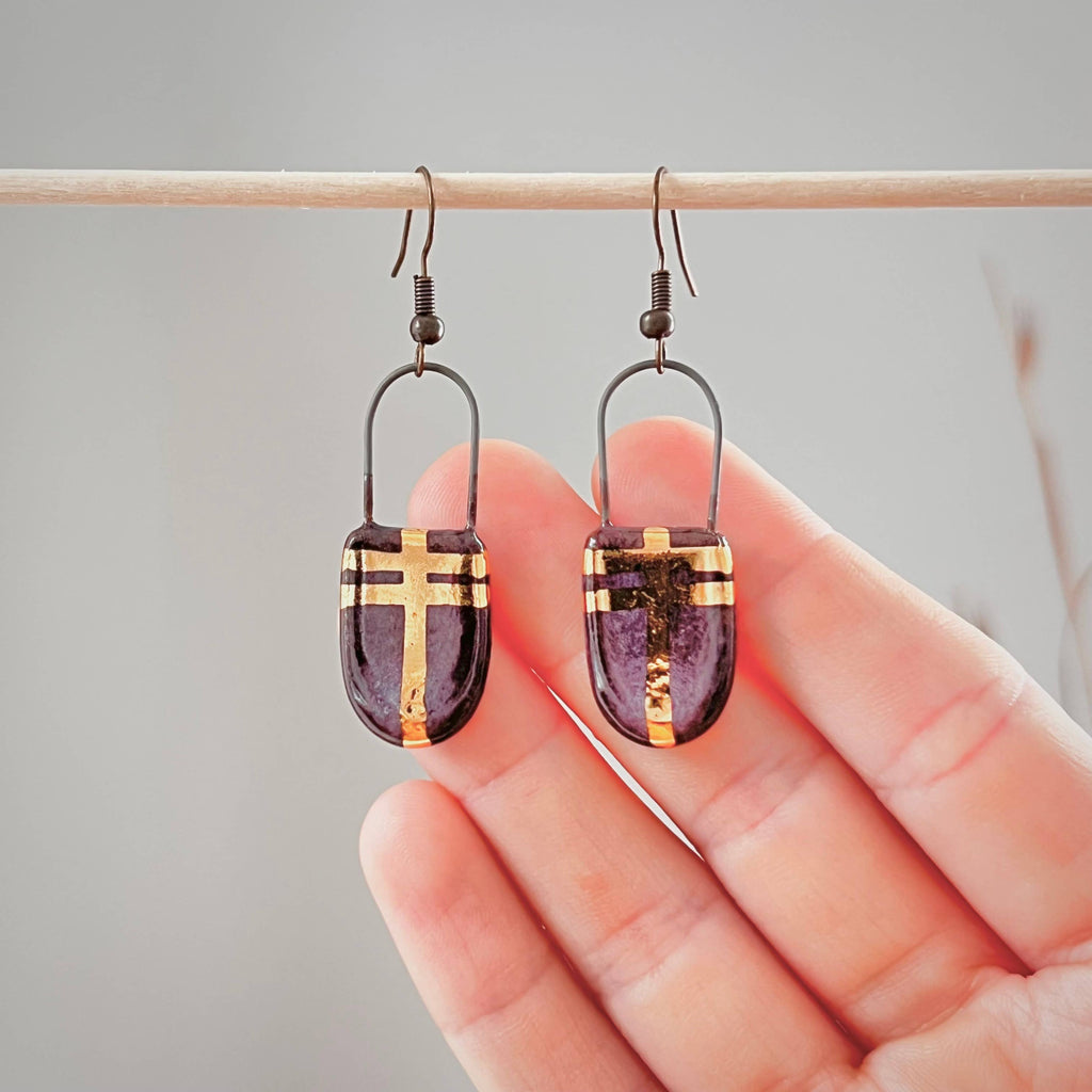 Eggplant Purple and Gold Rounded Earrings - Freshie & Zero Studio Shop