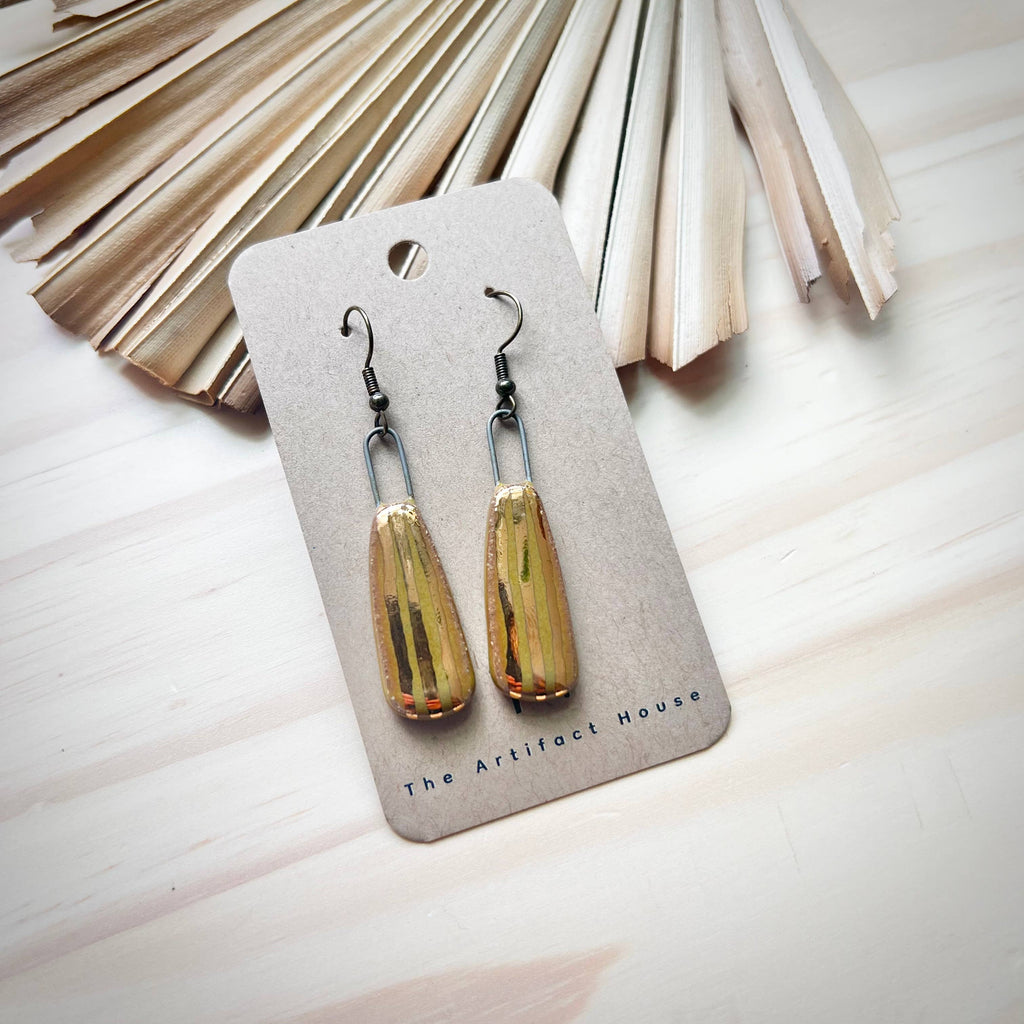 Gold Striped Olive Tapered Earrings - Freshie & Zero Studio Shop