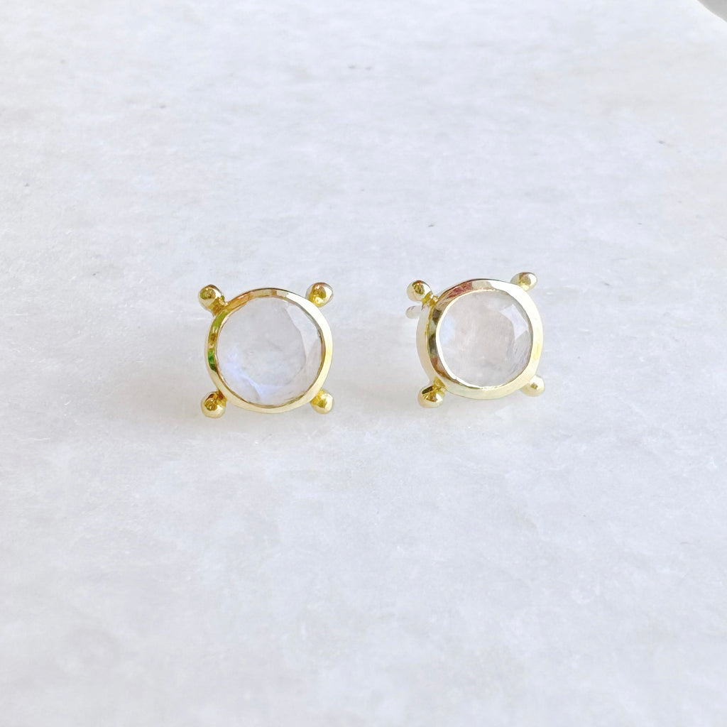 Compass Stud Earrings: Gold Vermeil Rainbow Moonstone - Freshie & Zero Studio Shop