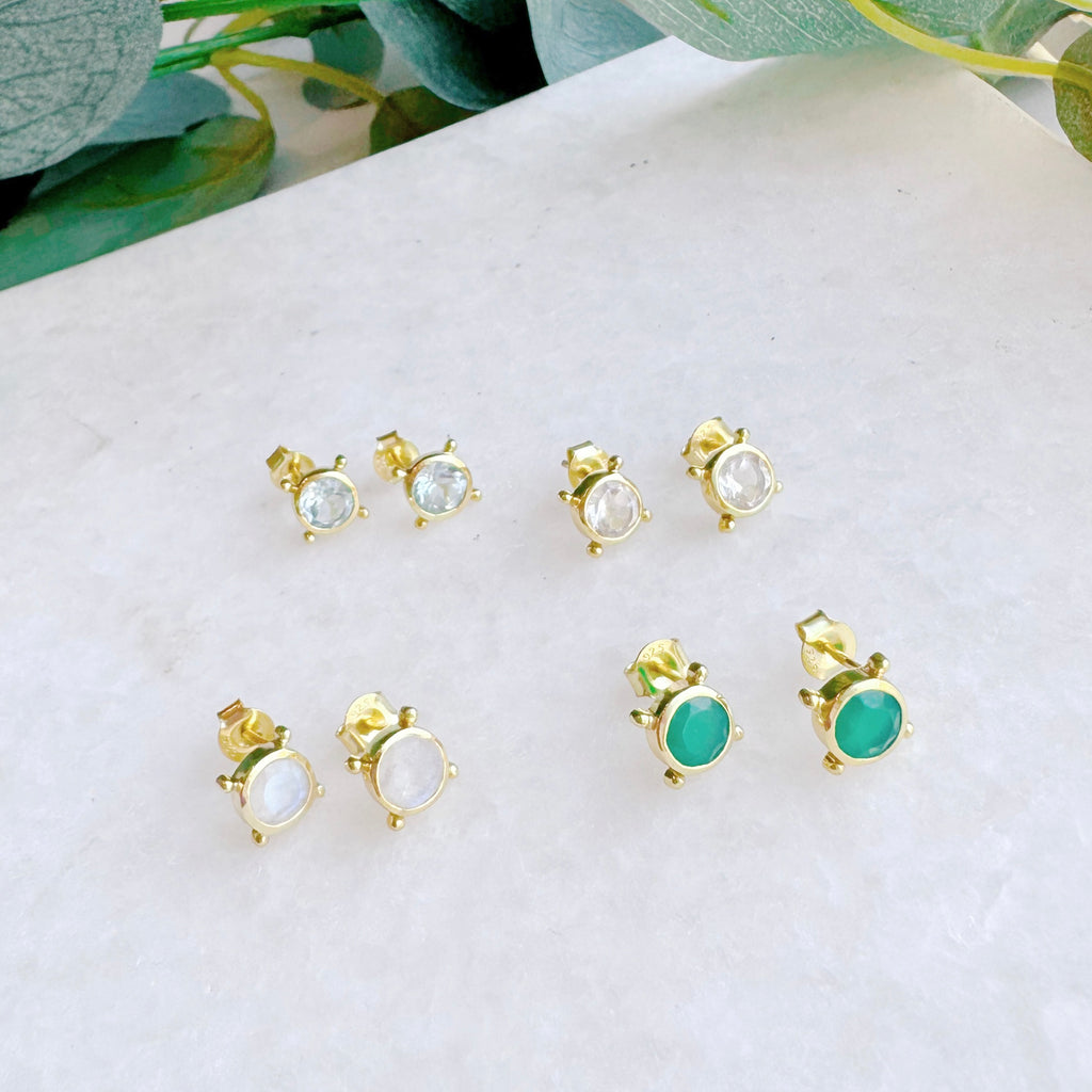 Compass Stud Earrings: Gold Vermeil Rainbow Moonstone - Freshie & Zero Studio Shop