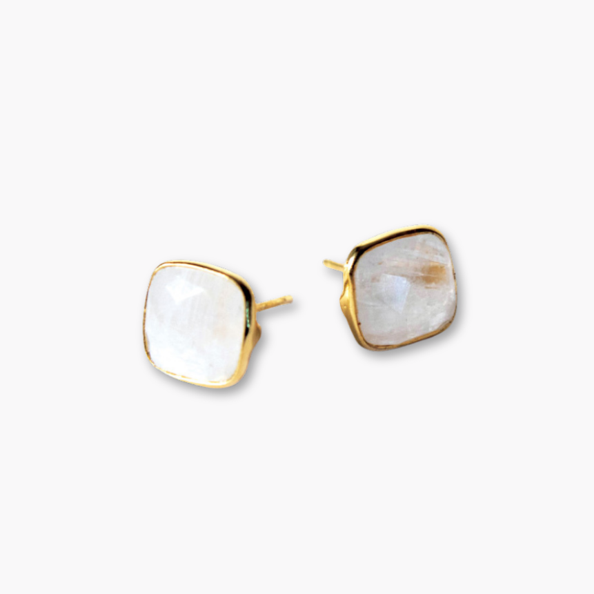 Crystal Quartz Cushion Cut Gold Stud Earrings - Freshie & Zero Studio Shop