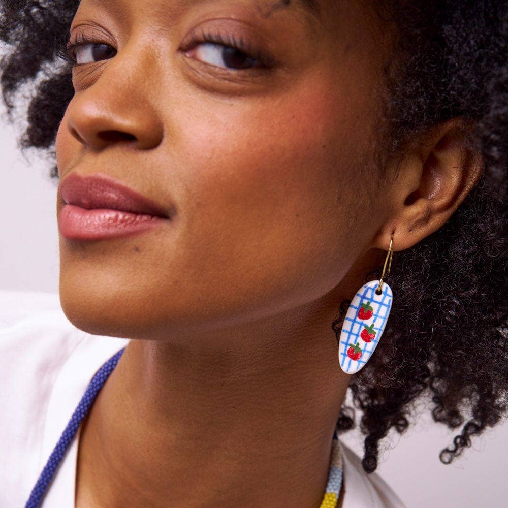 Danielle Oval Ceramic Earrings With Tomatoes + Blue Plaid - Freshie & Zero Studio Shop