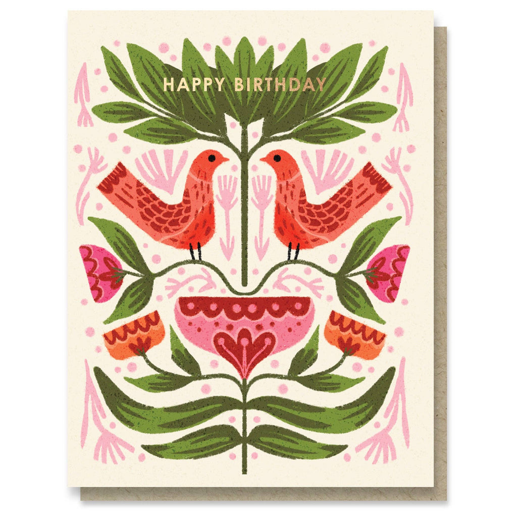 Folk Birthday Birds Birthday Illustrated Gold Foil Card - Freshie & Zero Studio Shop