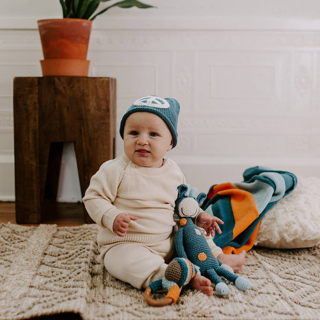 Handmade Knit Blue Peace Baby Beanie - Freshie & Zero Studio Shop