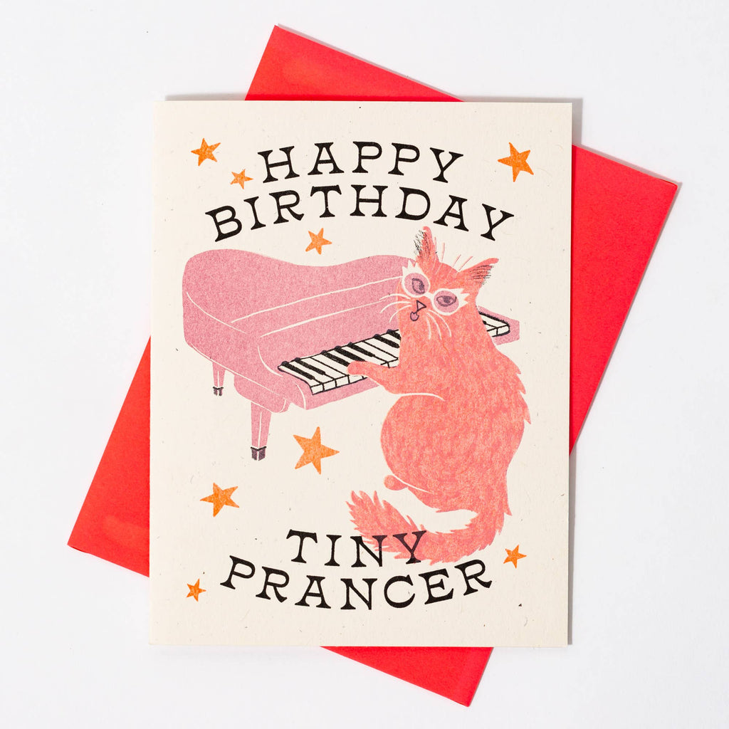 Tiny Prancer Cat Risograph Birthday Card - Freshie & Zero Studio Shop