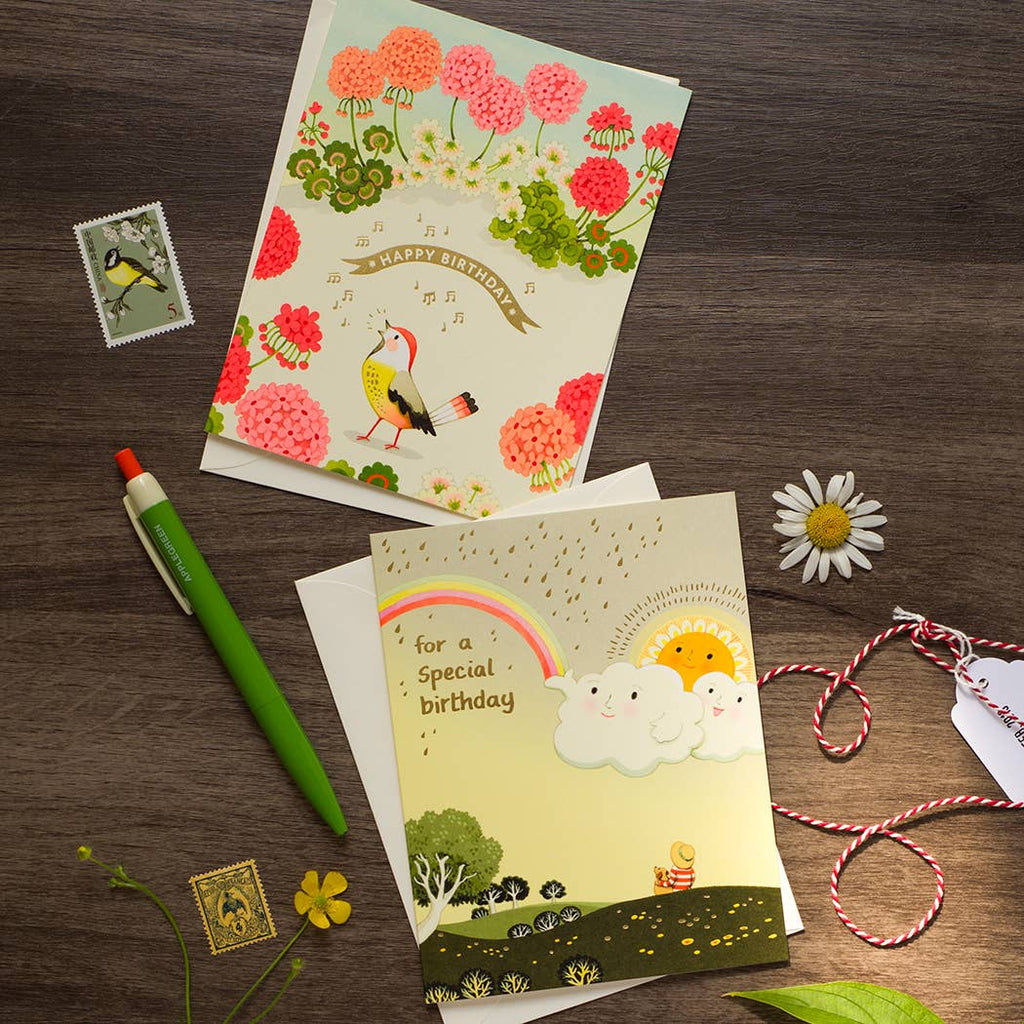 Geranium and Bird Birthday Greeting Card - Freshie & Zero Studio Shop