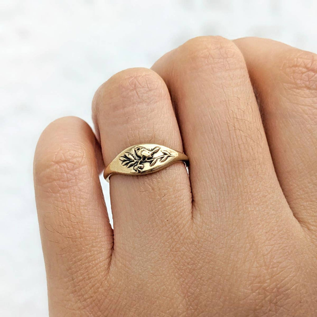 Bird in Branch Signet Ring: Bronze / Size 7 - 54.4mm - Freshie & Zero Studio Shop