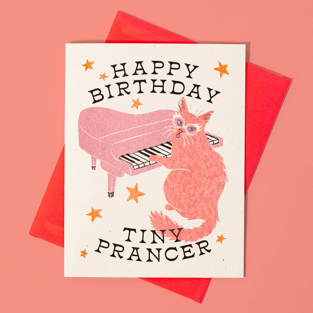 Tiny Prancer Cat Risograph Birthday Card - Freshie & Zero Studio Shop