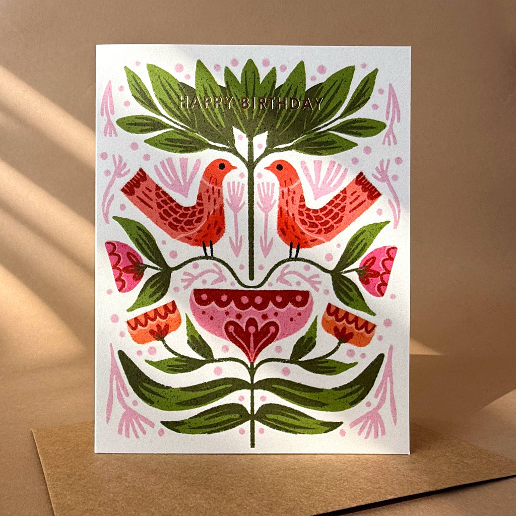 Folk Birthday Birds Birthday Illustrated Gold Foil Card - Freshie & Zero Studio Shop