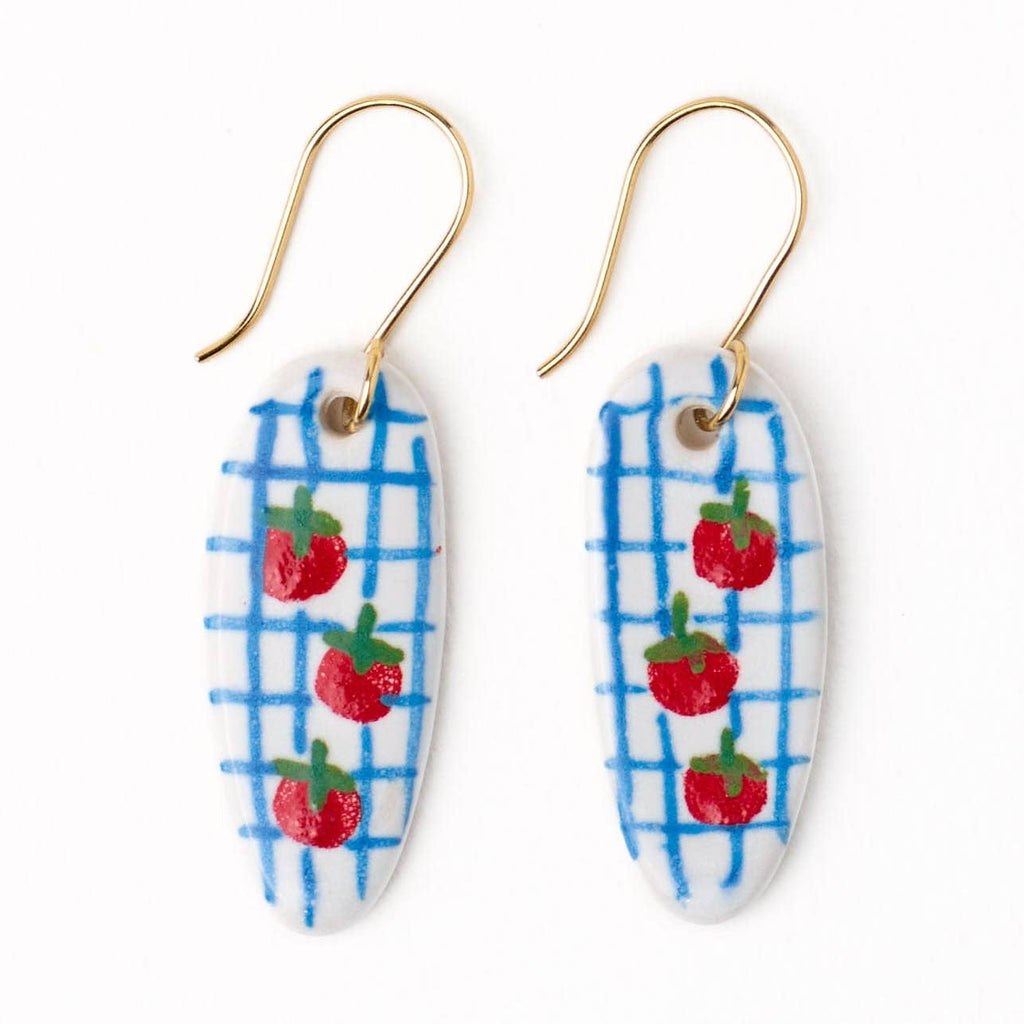 Danielle Oval Ceramic Earrings With Tomatoes + Blue Plaid - Freshie & Zero Studio Shop