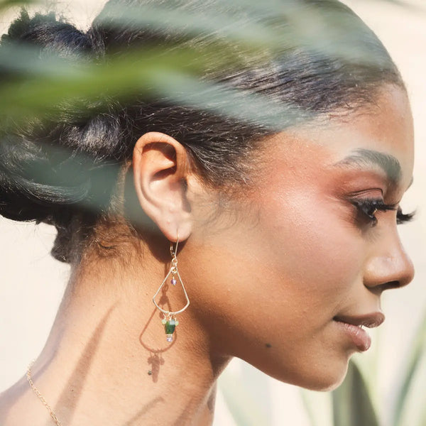 Golden Fan Earrings - green jade oval - Freshie & Zero Studio Shop