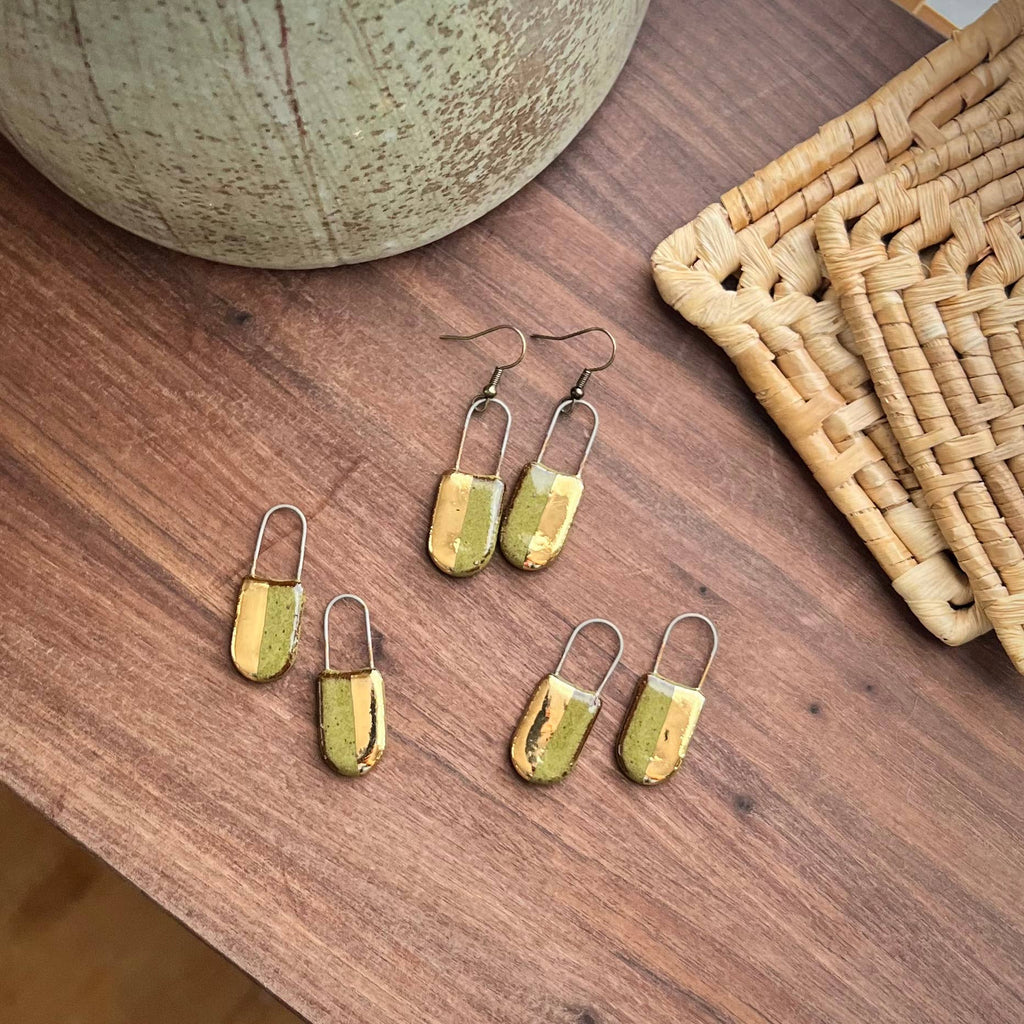 Half Gold Speckled Olive Clay Earrings - Freshie & Zero Studio Shop