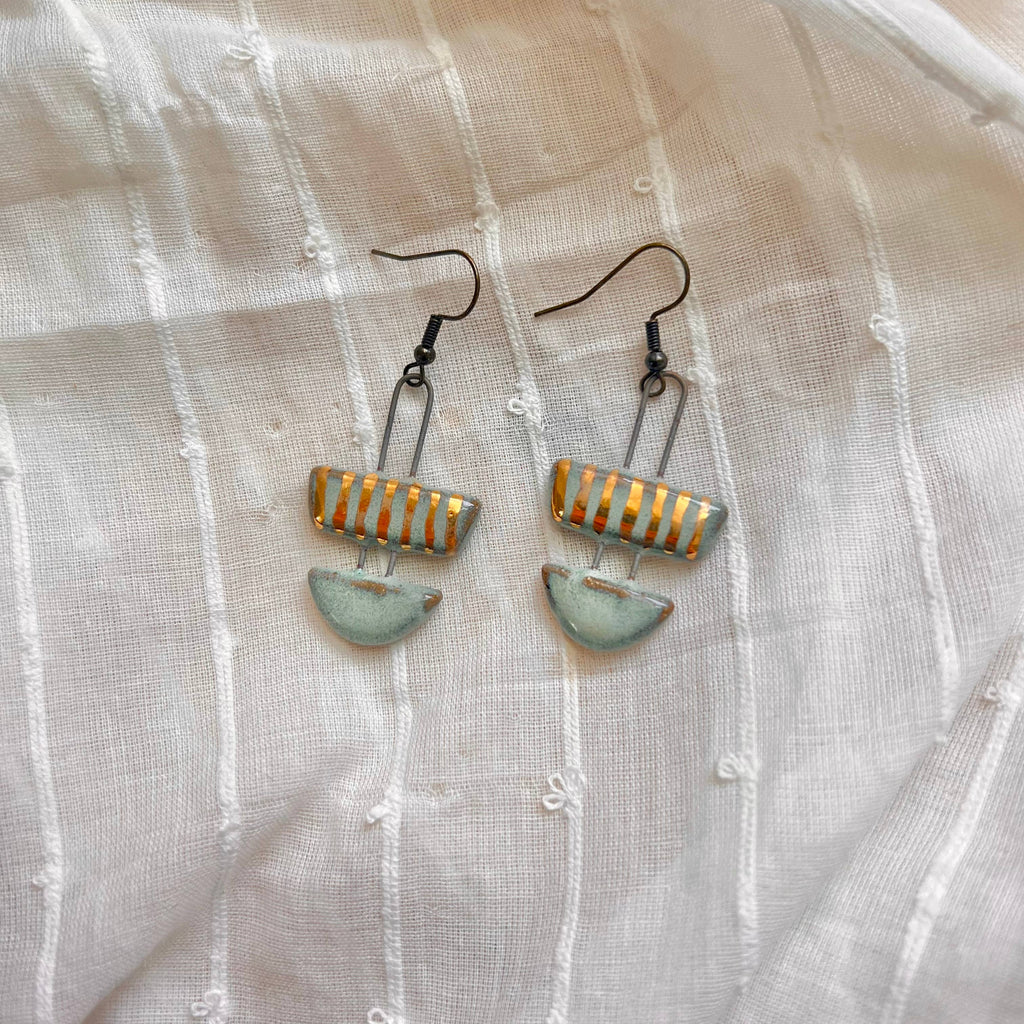 Two Piece Turquoise Striped Ceramic Clay Earrings - Freshie & Zero Studio Shop