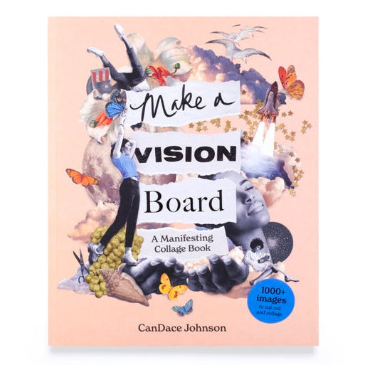 Book titled 'Make a Vision Board' with colorful illustrations on a pink background