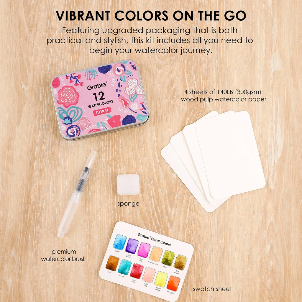 Watercolor Pocket Set of 12 with Brush: Floral - Freshie & Zero Studio Shop
