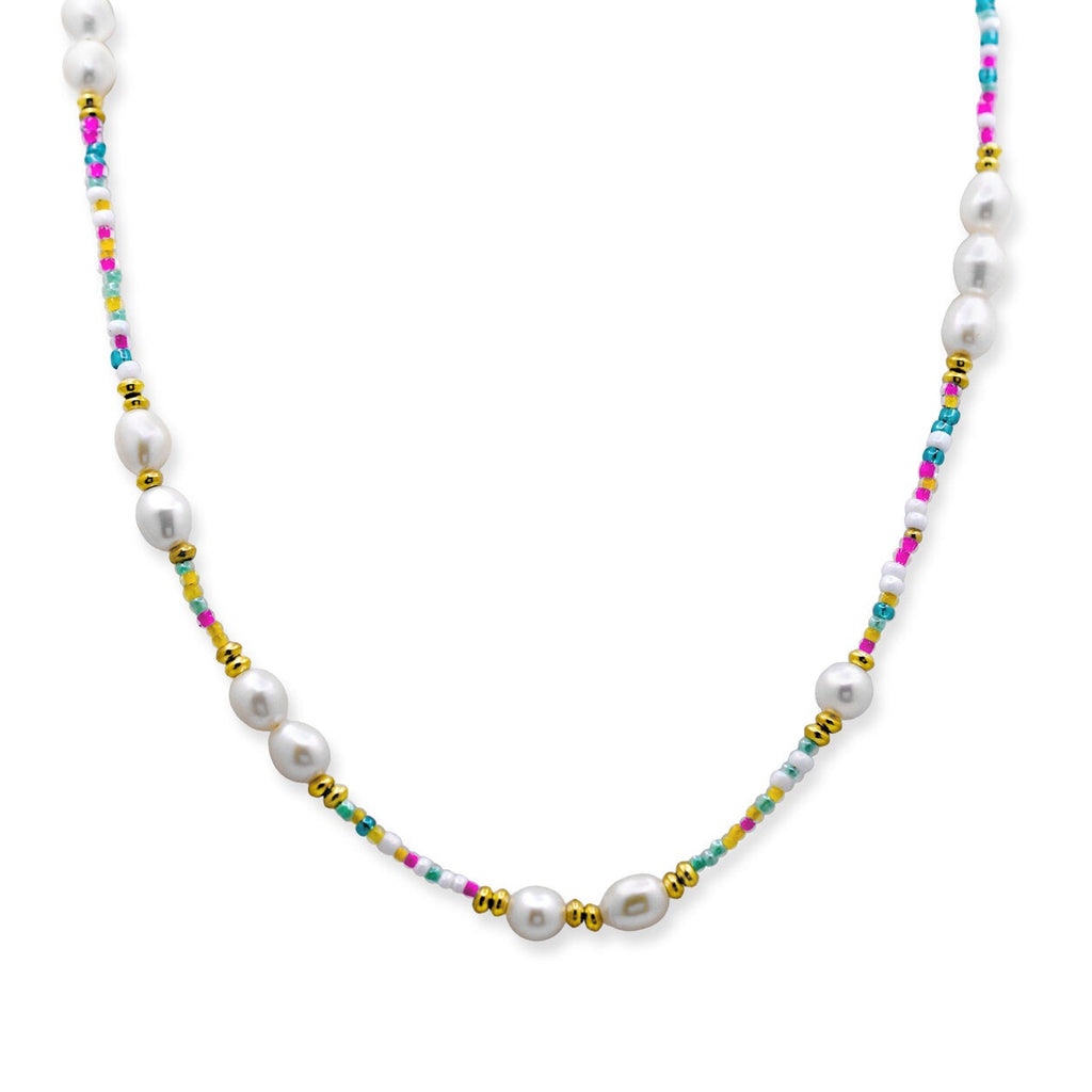 Necklace with white pearls and multicolored beads on a white background