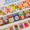 Colorful washi tape with floral and jar designs on a white background