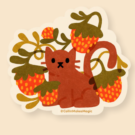 Collin Williams Stickers - Freshie & Zero Studio Shop cat in a strawberry patch