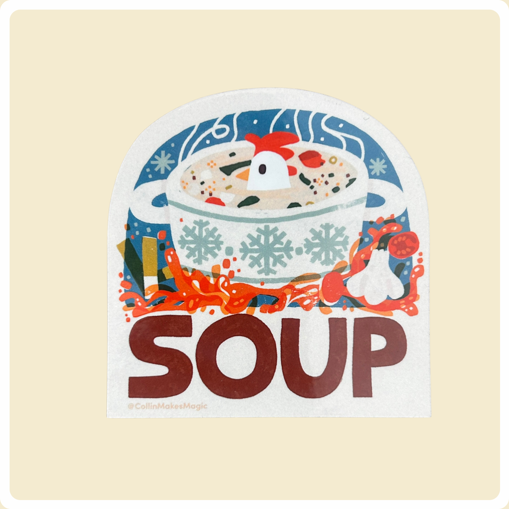 Illustration of a bowl of soup with a chicken and vegetables on a beige background collin williams stickers