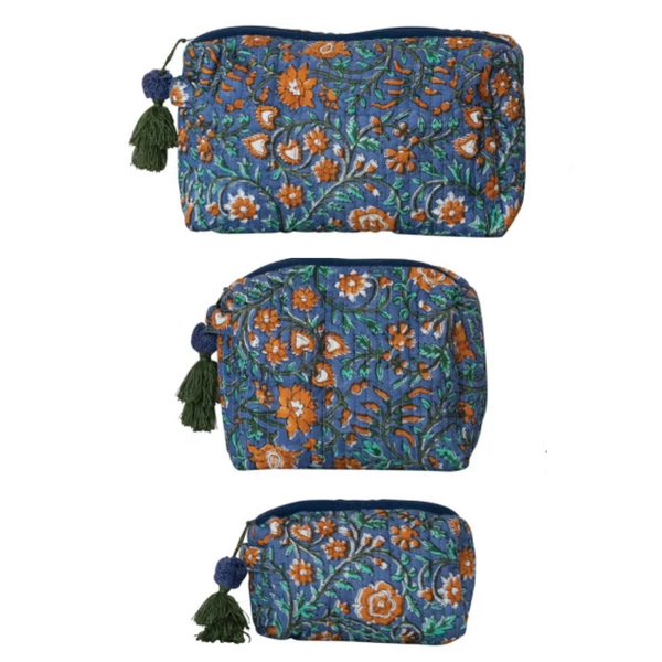 Blue Floral Cotton Voile Quilted Zip Pouch - Freshie & Zero Studio Shop