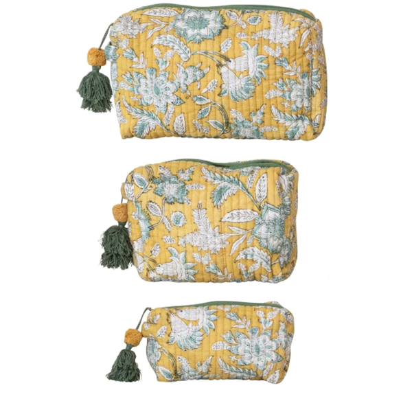 Yellow Floral Cotton Voile Quilted Zip Pouch - Freshie & Zero Studio Shop