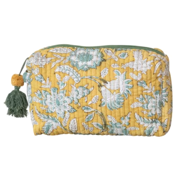 Yellow Floral Cotton Voile Quilted Zip Pouch - Freshie & Zero Studio Shop