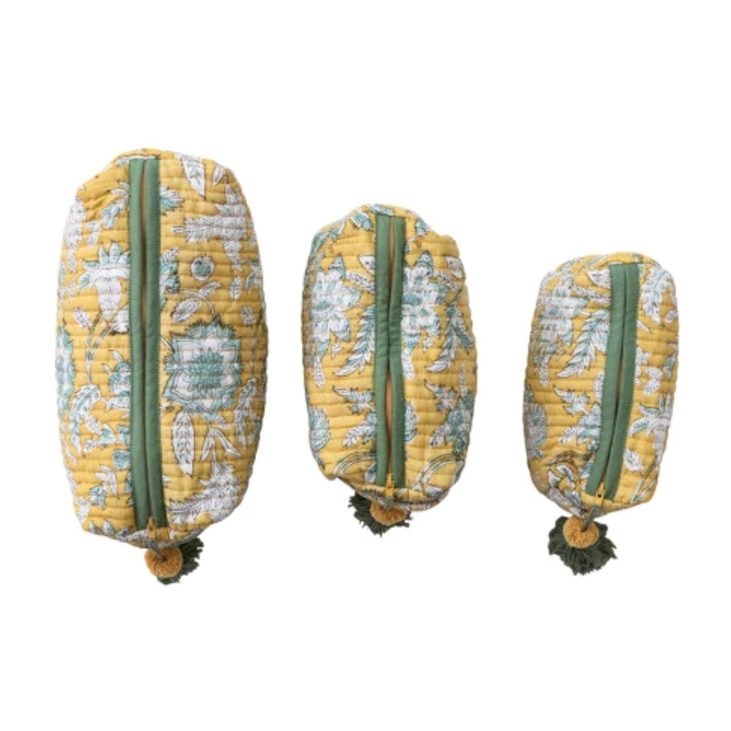 Yellow Floral Cotton Voile Quilted Zip Pouch - Freshie & Zero Studio Shop