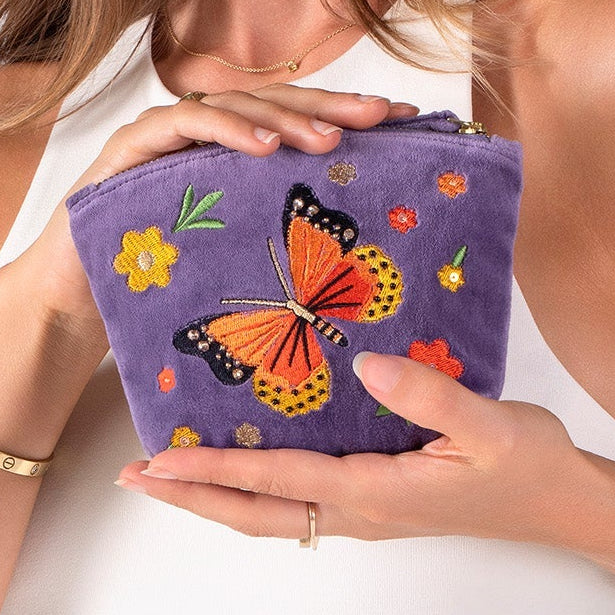 Velvet Embroidered Zip Pouch - Fluttering Butterfly - Freshie & Zero Studio Shop