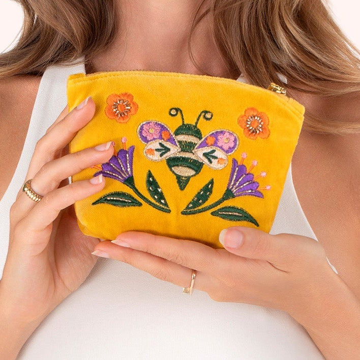 Velvet Embroidered Zip Pouch - Brilliant Bumblebee - Freshie & Zero Studio Shop