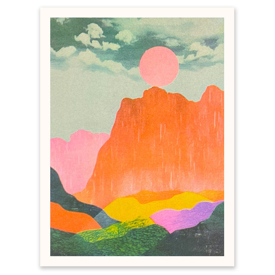 Neon Mountains + Sun Risograph Art Print - 6x8 - Freshie & Zero Studio Shop