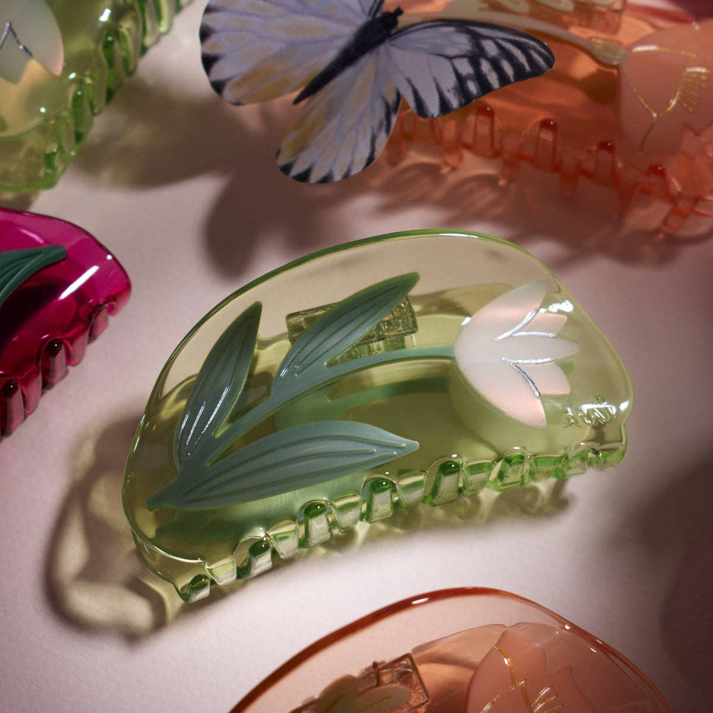 Lotus Claw - White Flower Clear Green Acetate Clip - Freshie & Zero Studio Shop