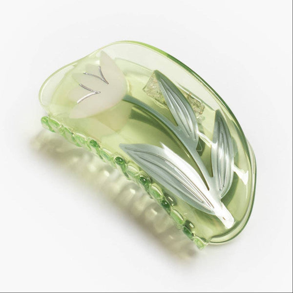 Lotus Claw - White Flower Clear Green Acetate Clip - Freshie & Zero Studio Shop