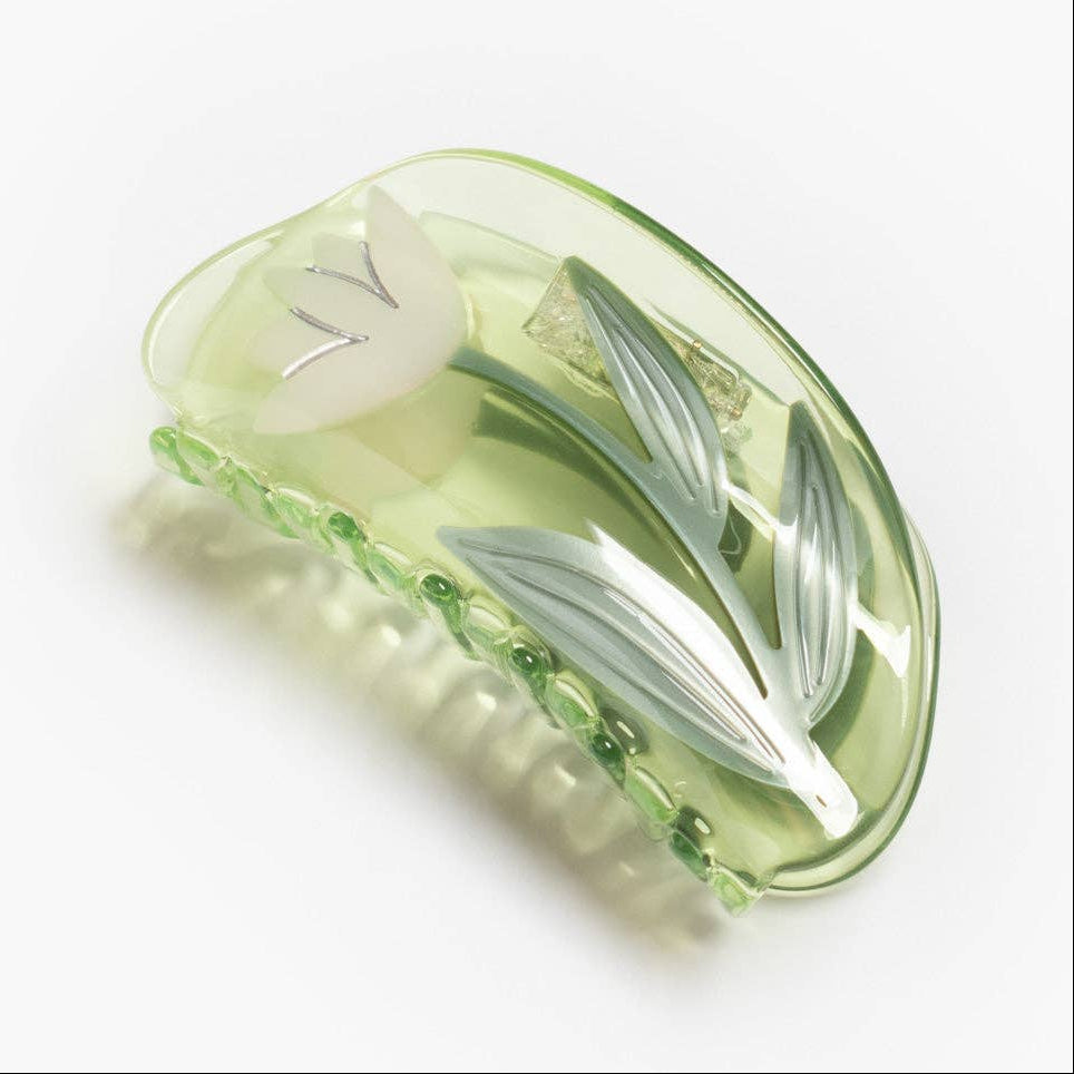 Lotus Claw - White Flower Clear Green Acetate Clip - Freshie & Zero Studio Shop