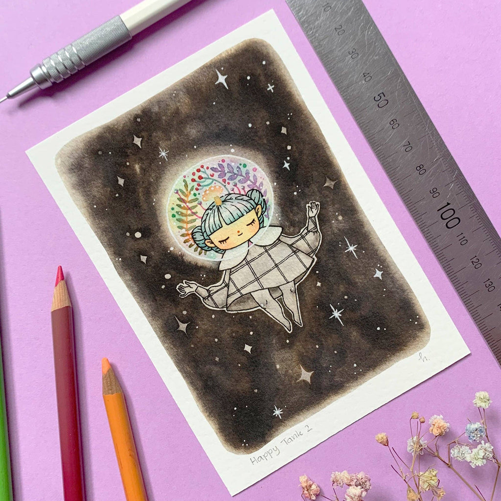 Spacegirl with Floral Helmet Mini Art Print - Freshie & Zero Studio Shop