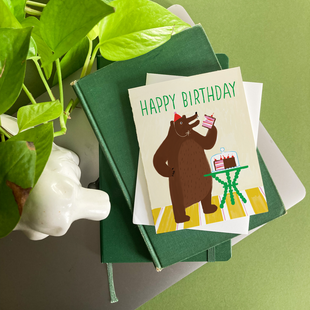 Bear Eating Cake Birthday Card - Freshie & Zero Studio Shop