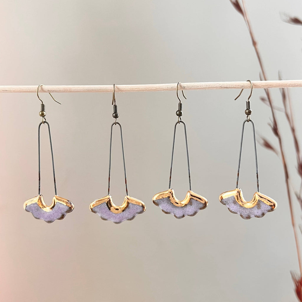 Glossy Lavender Drop Floral Ceramic Earrings with Gold - Freshie & Zero Studio Shop