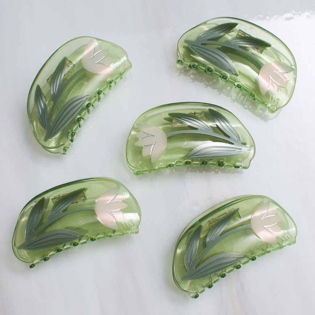 Lotus Claw - White Flower Clear Green Acetate Clip - Freshie & Zero Studio Shop