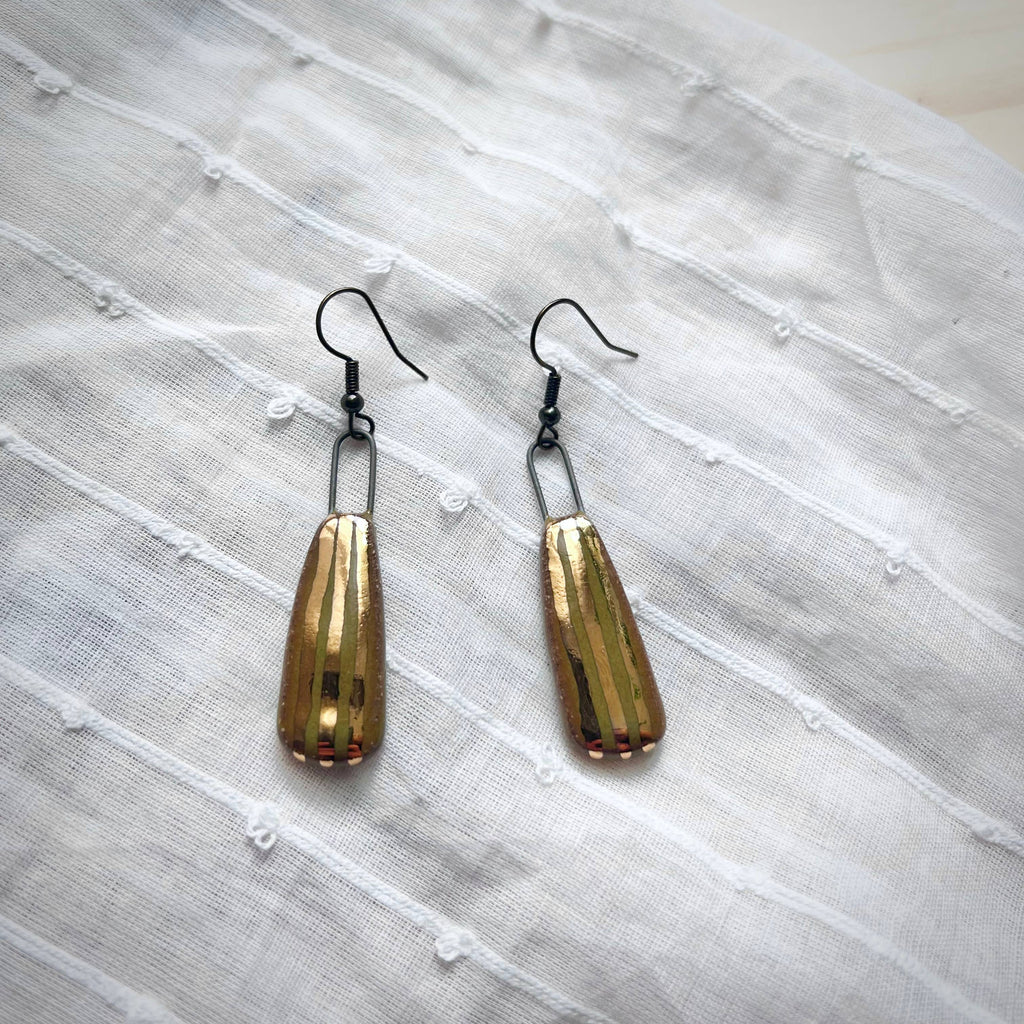 Gold Striped Olive Tapered Earrings - Freshie & Zero Studio Shop