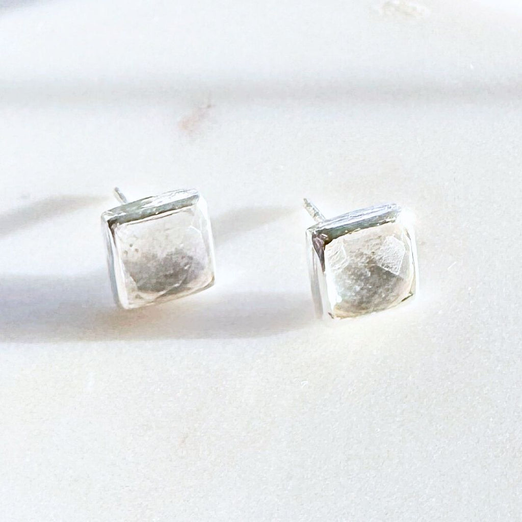 Square Sterling Silver Stone Stud Earrings: Clear Quartz - Freshie & Zero Studio Shop