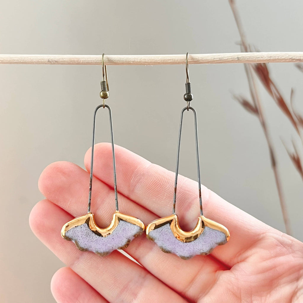 Glossy Lavender Drop Floral Ceramic Earrings with Gold - Freshie & Zero Studio Shop