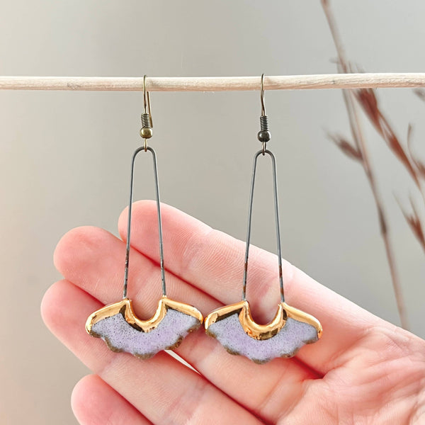 Glossy Lavender Drop Floral Ceramic Earrings with Gold - Freshie & Zero Studio Shop
