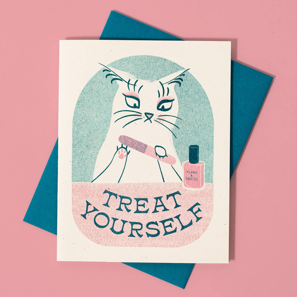 Treat Yourself Cute Cat Greeting Card - Freshie & Zero Studio Shop