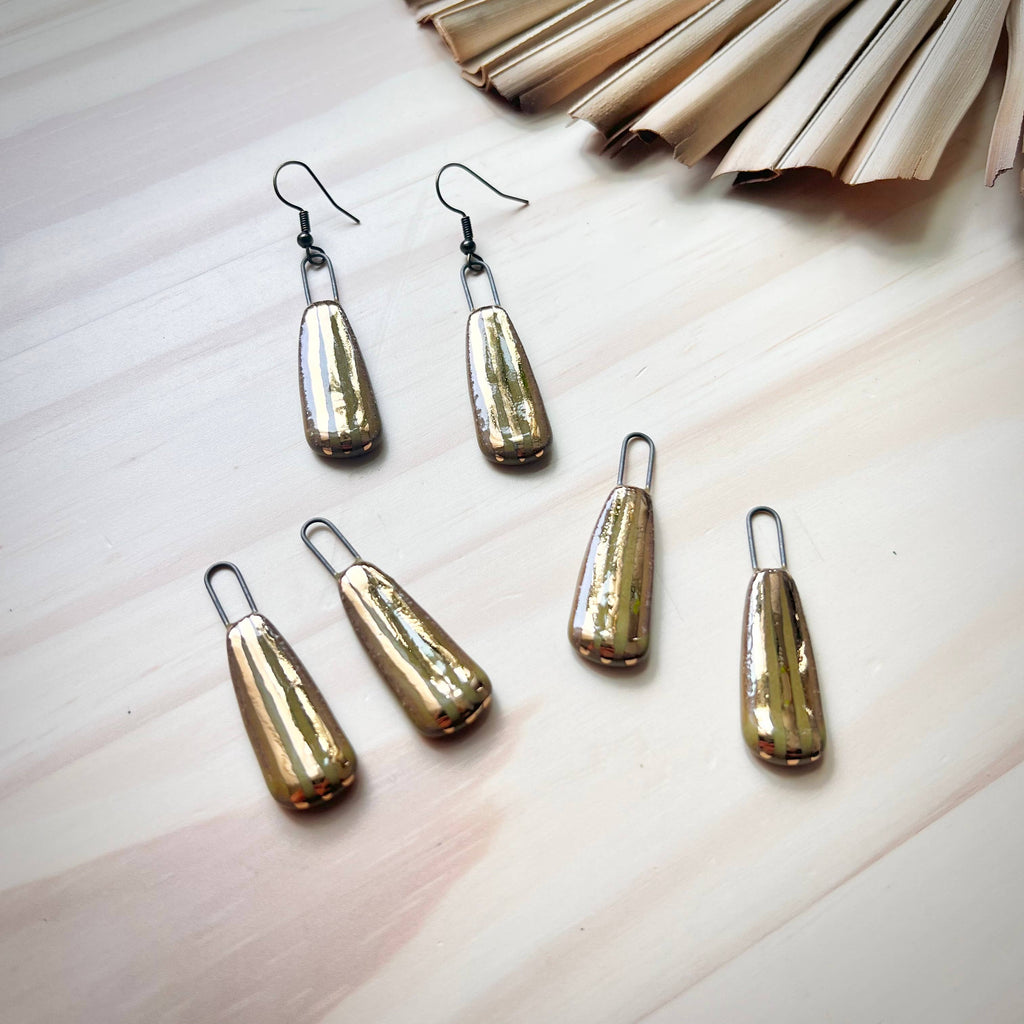 Gold Striped Olive Tapered Earrings - Freshie & Zero Studio Shop