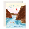 Birthday card with illustration of people diving into a pool surrounded by rocks.